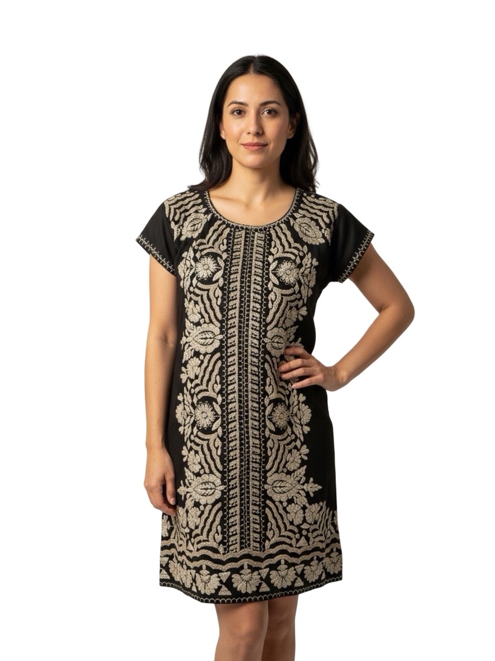 Johnny Was Black/Beige Rita Peasant Tunic Boho, Vacation Dress Size Small